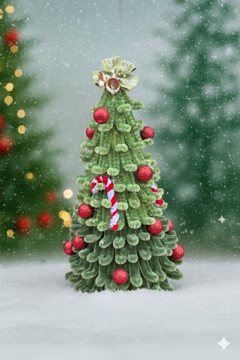 Brăduț Decorativ Handmade – Model Verde cu Globuri Roșii