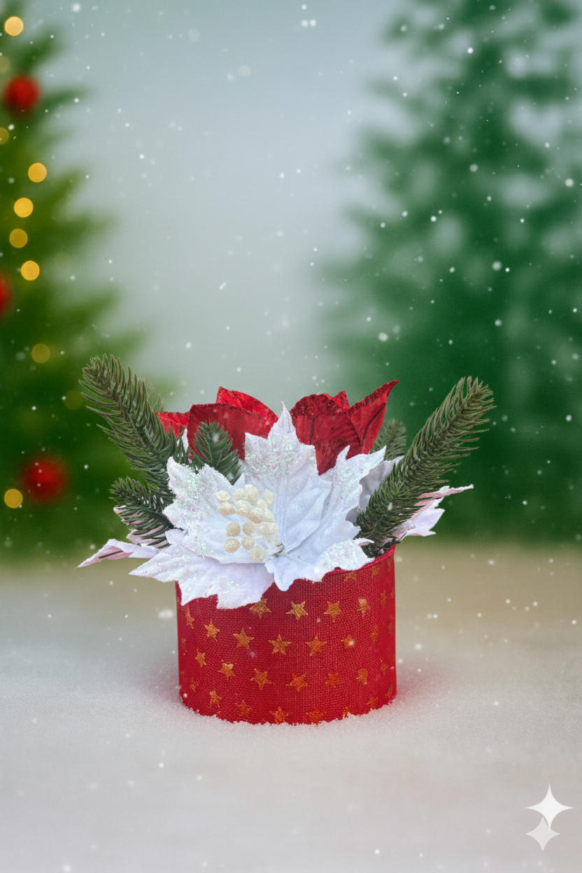 Aranjament Floral de Crăciun în Cutie Decorativă – Alb & Roșu