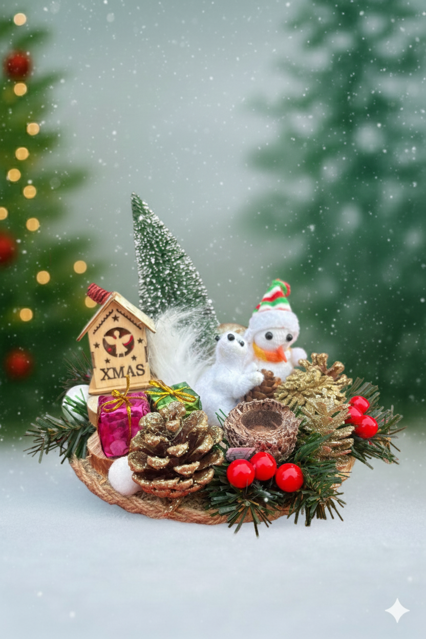 Aranjament de Crăciun „Căsuța XMAS & Prieteni de Iarnă”