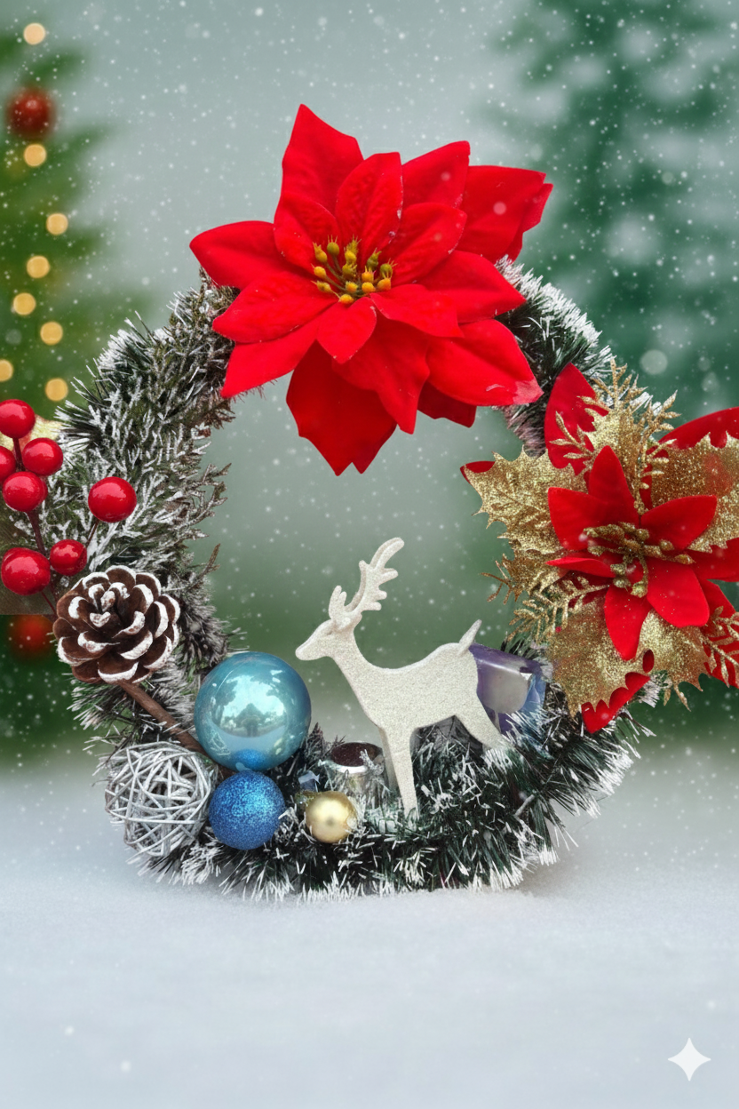 Coroană de Crăciun „Renul de Poveste cu Poinsettia Roșie”