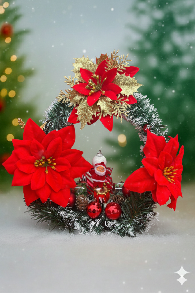 Aranjament de Crăciun „Coroana Festivă cu Poinsettia și Moș Crăciun”