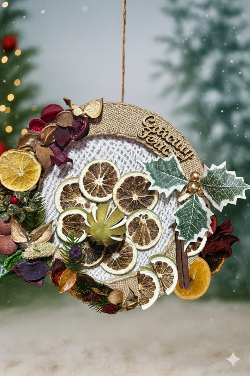 Coroniță de Crăciun cu Citrice Uscate, Scorțișoară & Mesaj „Crăciun Fericit” – Handmade Natural