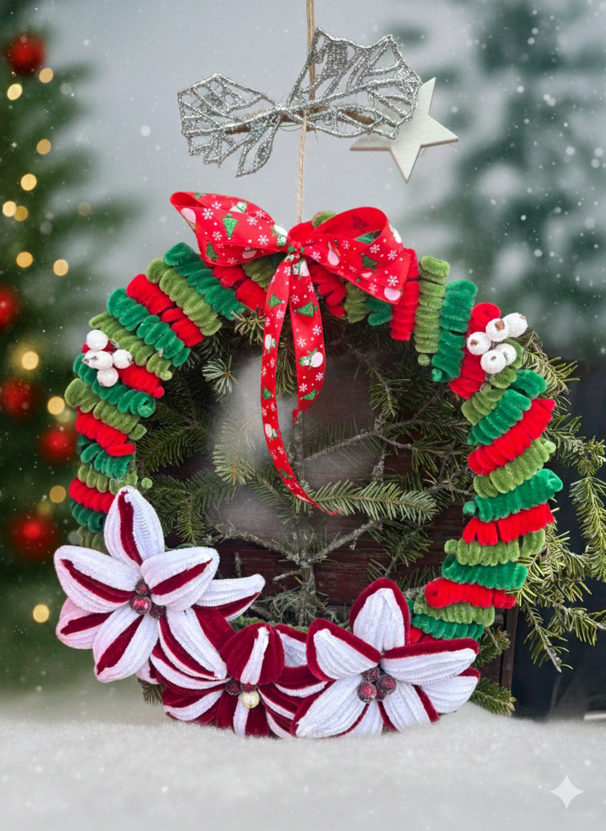Coroniță de Crăciun Colorată cu Fundă Roșie & Flori Handmade – Model Festiv „Candy Ribbon”
