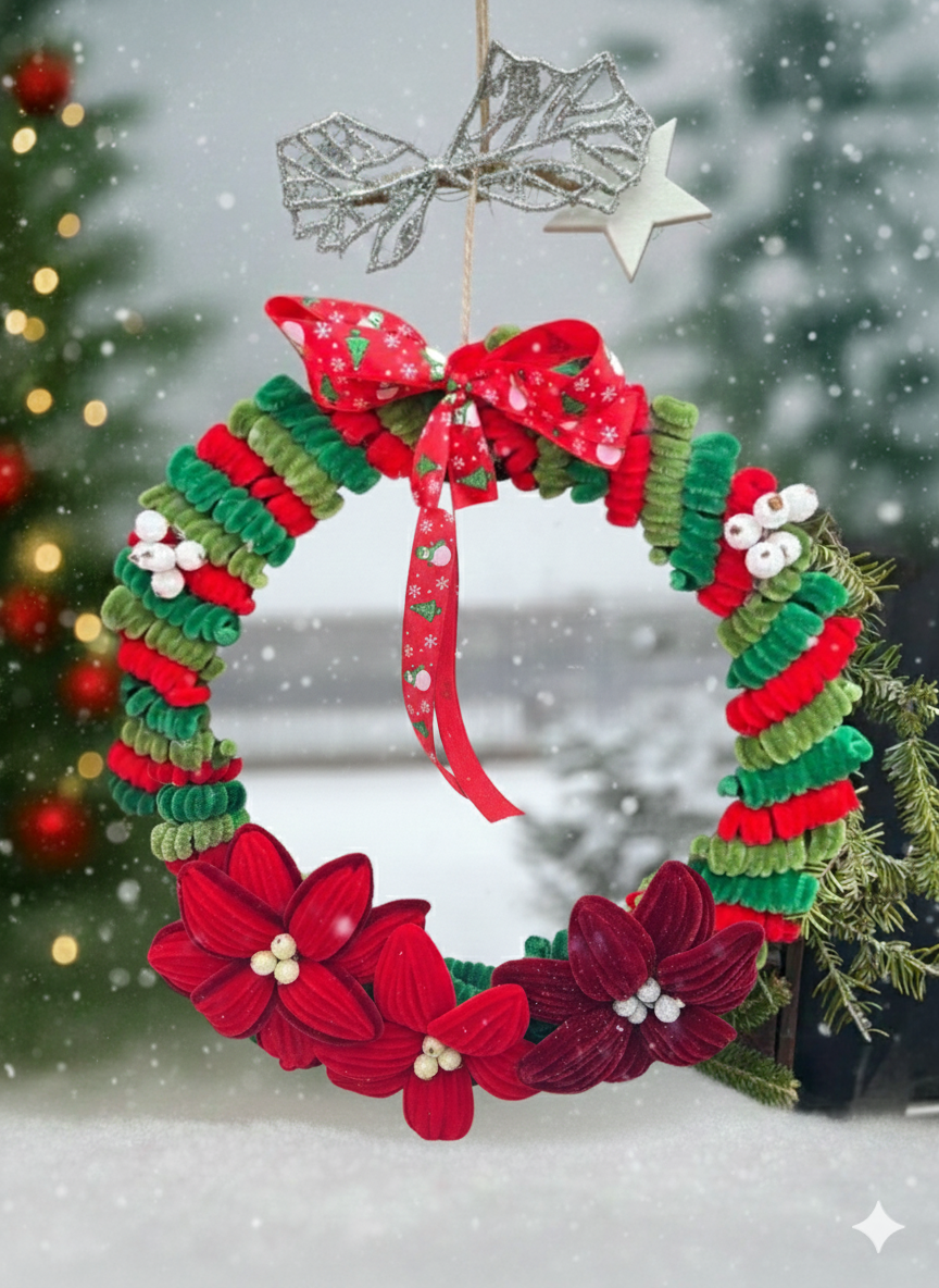 Coroniță de Crăciun Colorată cu Fundă Roșie & Flori Handmade – Model Tradițional Festiv