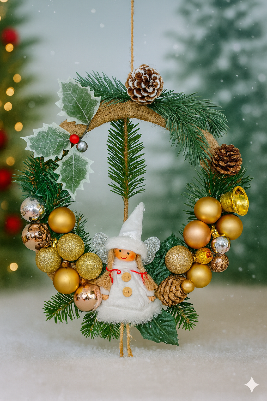 Coroniță de Crăciun cu Îngeraș – Eleganță Aurie & Magie de Iarnă