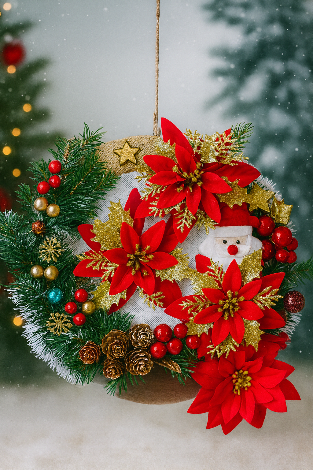 Coroniță de Crăciun Bogată cu Poinsettia Roșie & Auriu, Moș Crăciun și Globuri – Handmade Premium