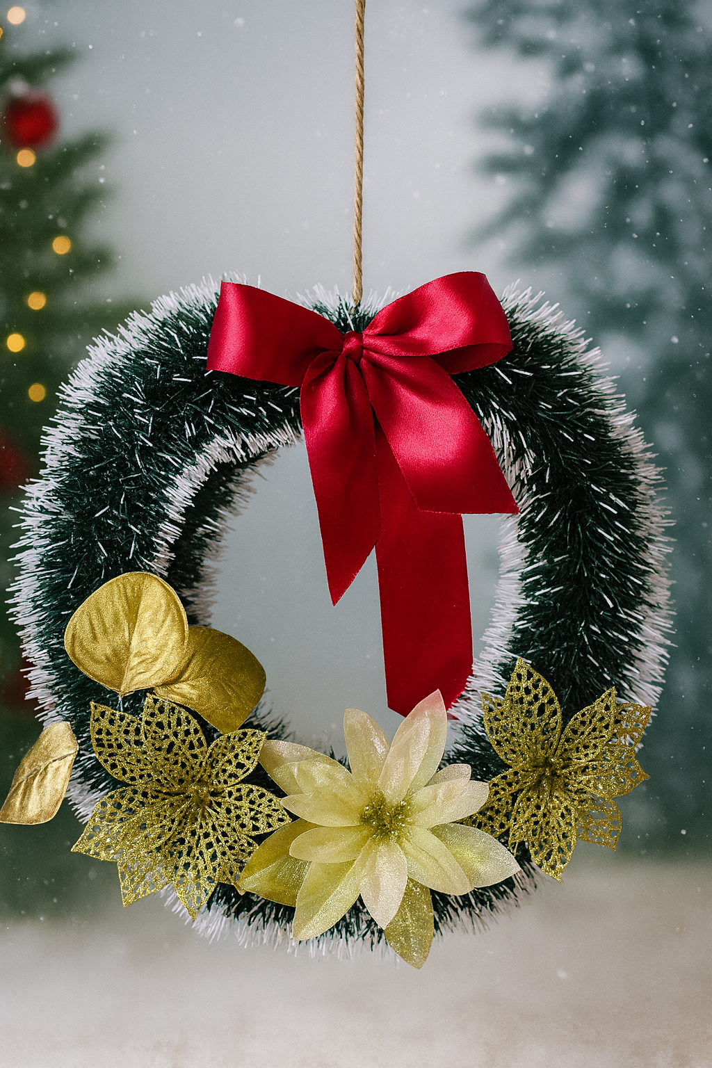 Coroniță de Crăciun cu Fundă Roșie și Flori Auriu Glitter – Handmade Elegantă