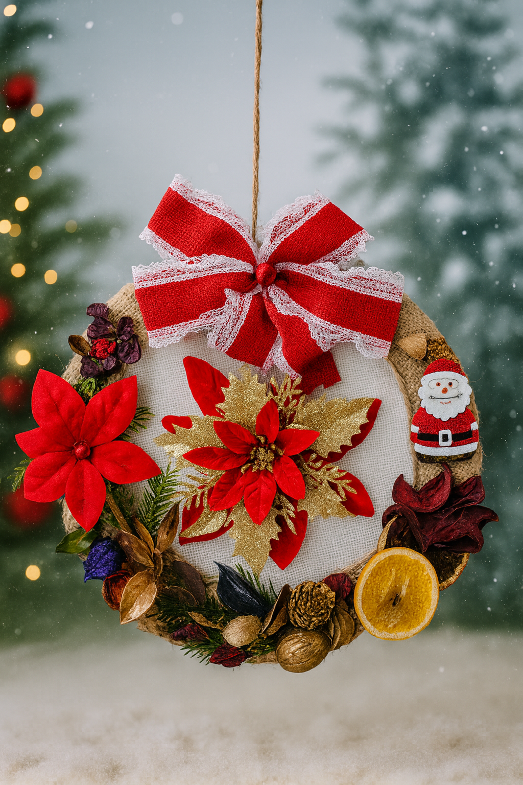 Coroniță de Crăciun Handmade cu Fundă Roșie, Poinsettia & Accente Naturale – Model Premium