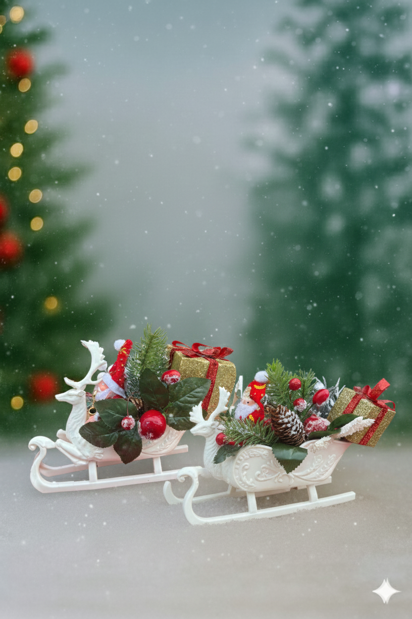 Aranjament de Crăciun „Săniuța cu Ren și Daruri Aurii”