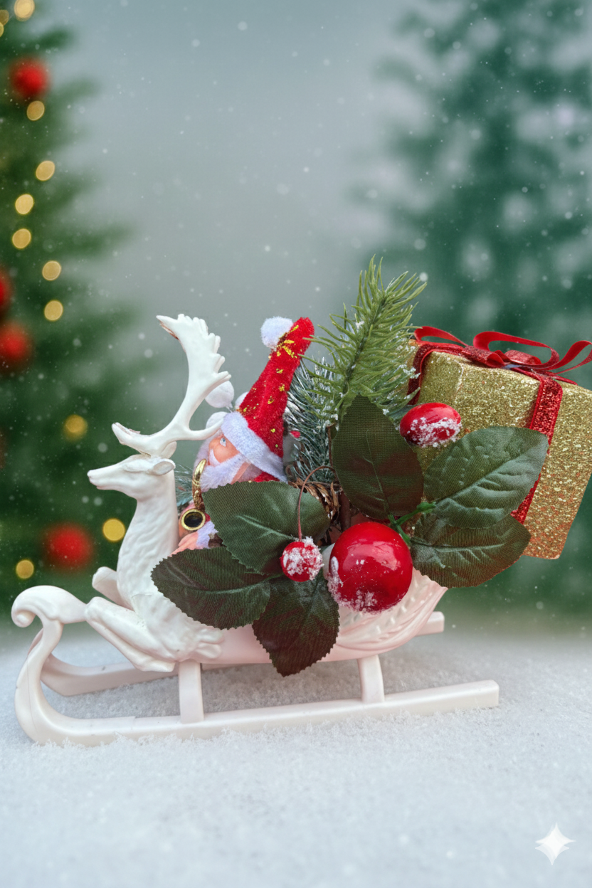 Aranjament de Crăciun „Săniuța cu Ren și Daruri Aurii”